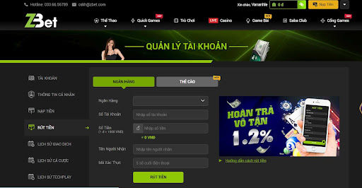 Hướng dẫn nạp và rút tiền tại ZBET