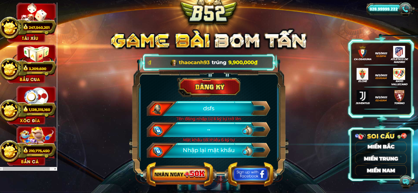 Cổng đăng nhập của game bài B52.