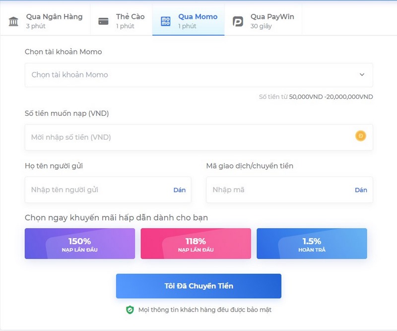 Đa dạng hinh thức nạp tiền linh hoạt cho người chơi
