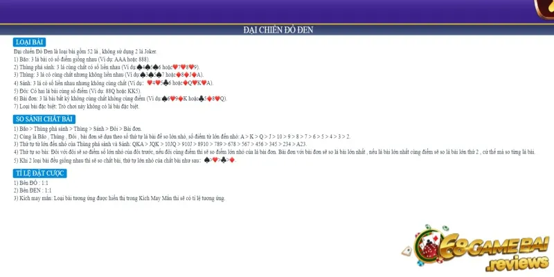 Luật chơi chi tiết trò đại chiến đỏ đen 68 game bài